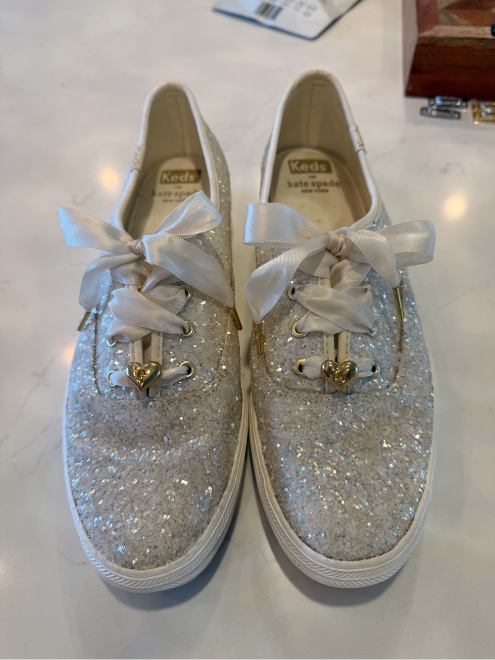 kate spade glittery ivory white satin ribbon sneakers